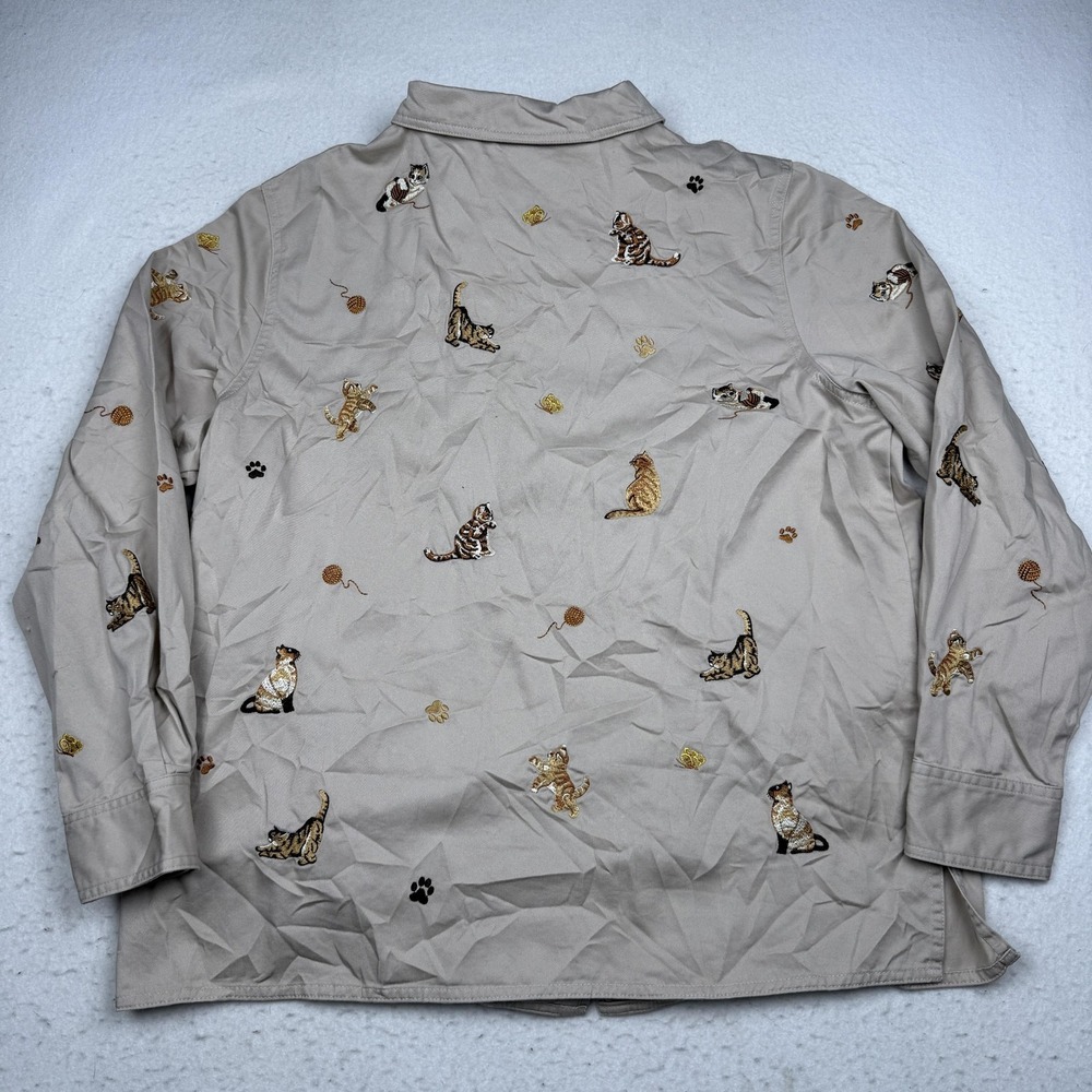 Quacker Factory Jacket Womens Large Beige Cat Embroidered Rhinestone Twill Zip - Picture 7 of 8